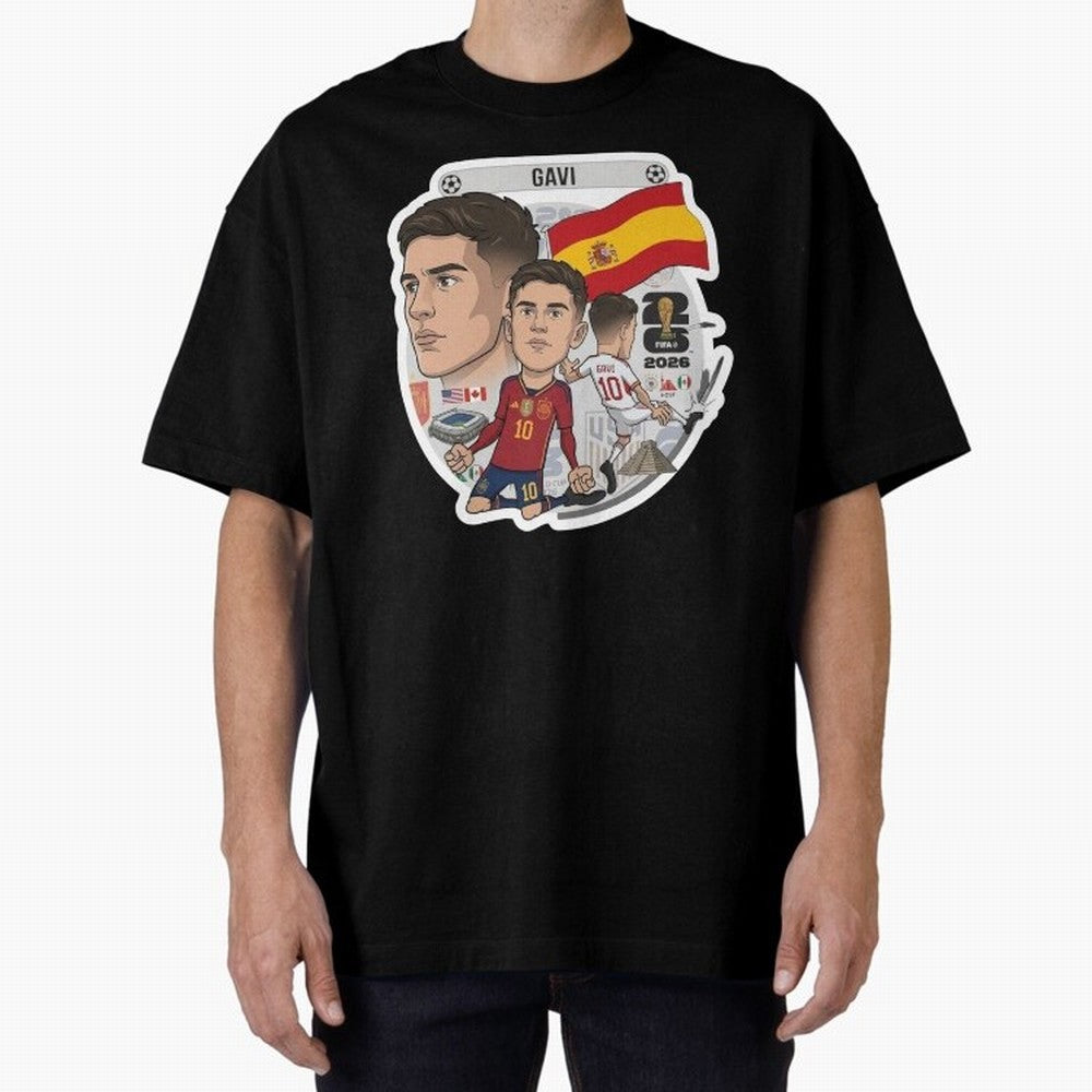 Gavi Spain National Team Football Cartoon Illustration Oversized T-Shirt Celebrate the Next Chapter of FIFA World Cup 2026 Spirit, Centered on France, Mbappe, Football Festival Excitement, Trophy Ambitions, Country Rivalries and Star Player Buzz;