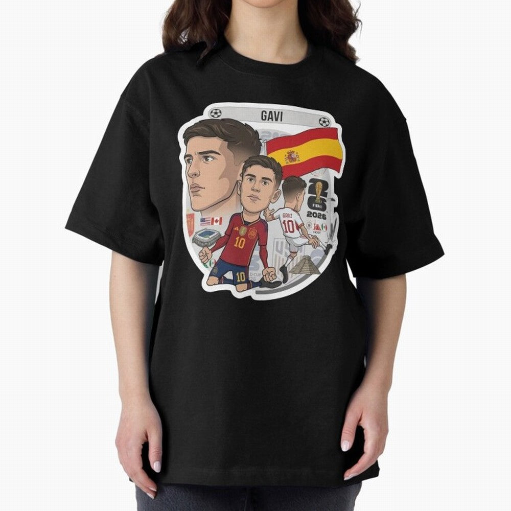Gavi Spain National Team Football Cartoon Illustration Oversized T-Shirt Celebrate the Next Chapter of FIFA World Cup 2026 Spirit, Centered on France, Mbappe, Football Festival Excitement, Trophy Ambitions, Country Rivalries and Star Player Buzz;
