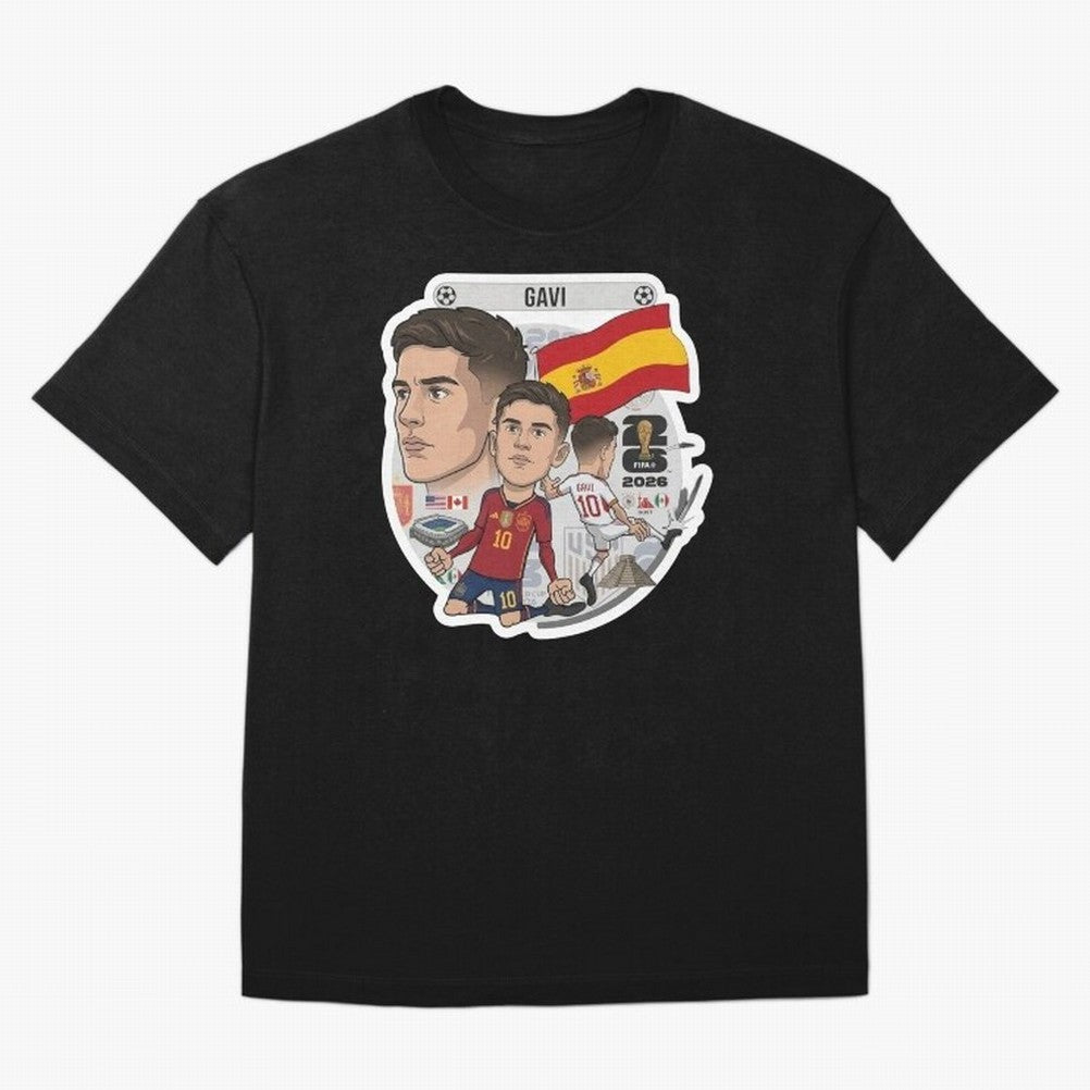 Gavi Spain National Team Football Cartoon Illustration Oversized T-Shirt Celebrate the Next Chapter of FIFA World Cup 2026 Spirit, Centered on France, Mbappe, Football Festival Excitement, Trophy Ambitions, Country Rivalries and Star Player Buzz;