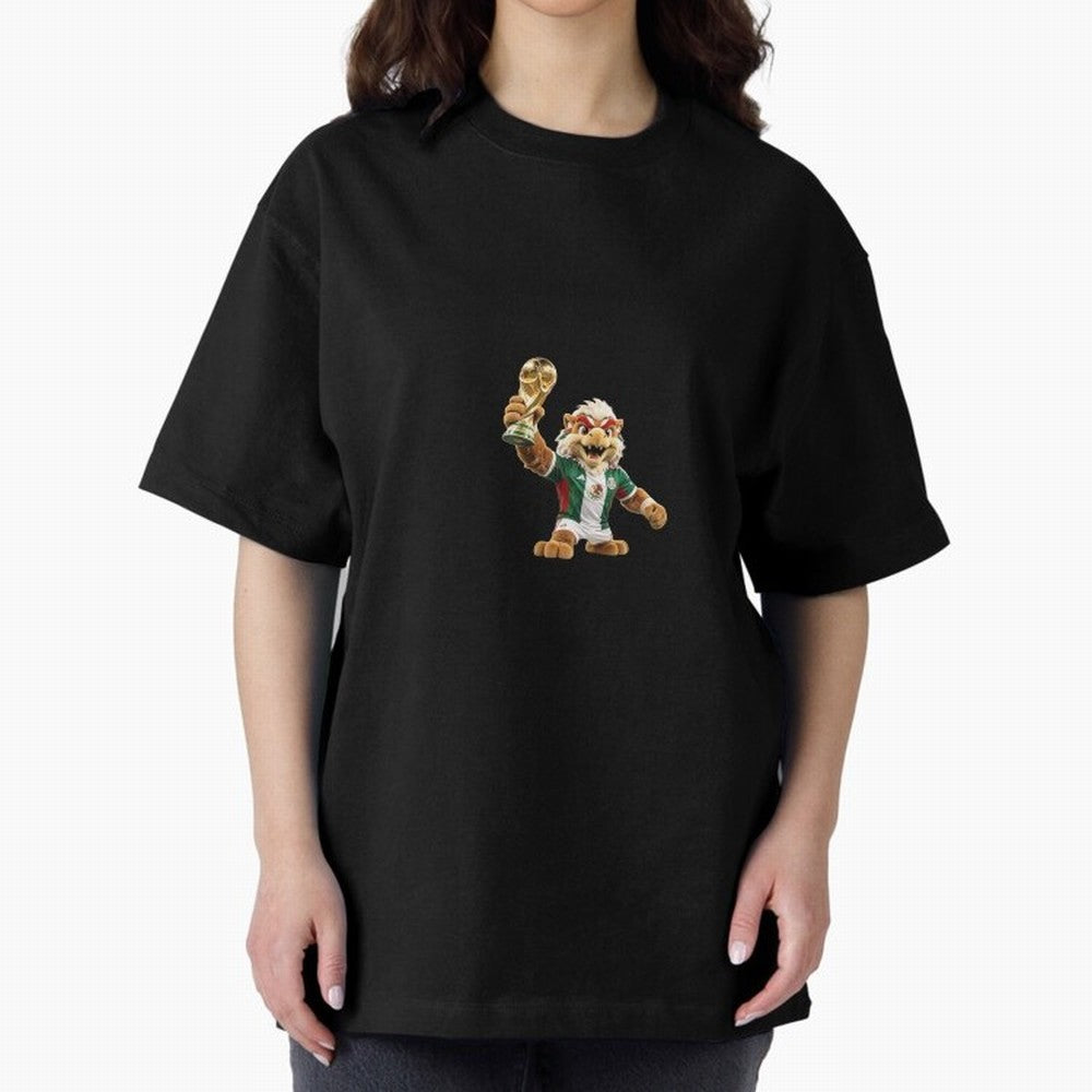 Mexico Soccer Mascot Champion - Mexican Football Victory Trophy 2026 Oversized T-Shirt Bring a Vintage Feel to the FIFA World Cup 2026 Journey through Messi Highlights, Netherlands Pride, Sports Nostalgia, International Competition, Famous Players