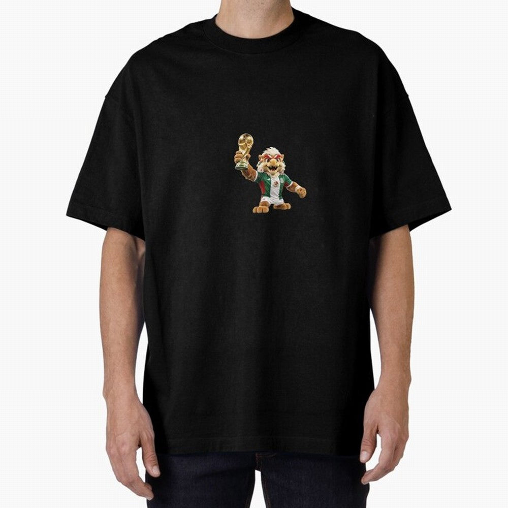 Mexico Soccer Mascot Champion - Mexican Football Victory Trophy 2026 Oversized T-Shirt Bring a Vintage Feel to the FIFA World Cup 2026 Journey through Messi Highlights, Netherlands Pride, Sports Nostalgia, International Competition, Famous Players