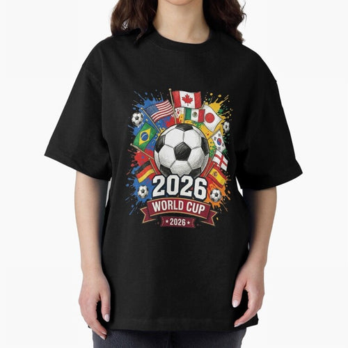 2026 World Cup Soccer Flags Graphic Oversized T-Shirt Represent FIFA World Cup 2026 USA Canada Mexico Spirit, with Portugal, Messi, Football Passion, Legendary Performances, Festival Vibes and Supporter Community; Perfect for Fans, Collectors,