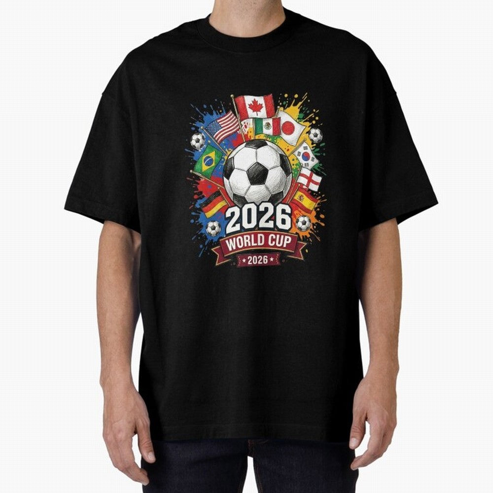 2026 World Cup Soccer Flags Graphic Oversized T-Shirt Represent FIFA World Cup 2026 USA Canada Mexico Spirit, with Portugal, Messi, Football Passion, Legendary Performances, Festival Vibes and Supporter Community; Perfect for Fans, Collectors,