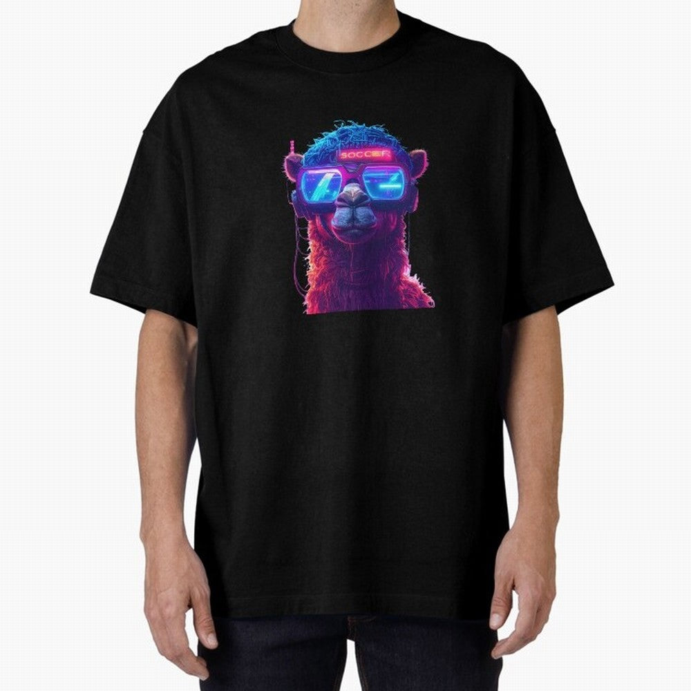 Cyberpunk Llama with Neon Soccer Vibes Oversized T-Shirt Upgrade Global Football Passion for FIFA World Cup 2026 USA Canada Mexico, Highlighting Cristiano Ronaldo, Haaland and CR7, England, France and Netherlands, Supporter Pride, Iconic